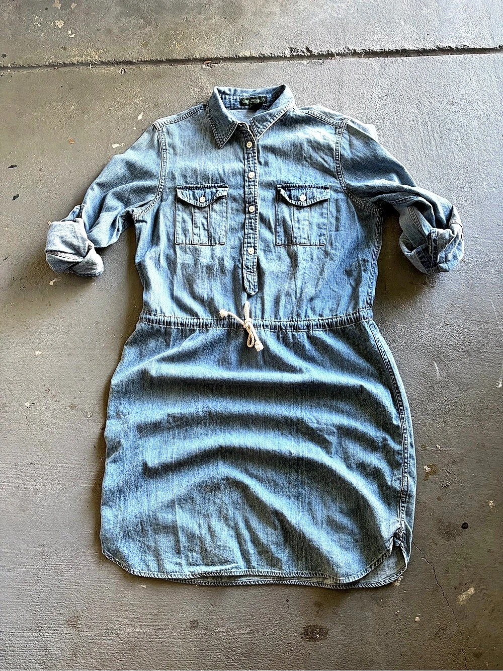 Lauren Ralph Lauren Denim Shirt Dress Light Wash Drawstring Waist Size M
